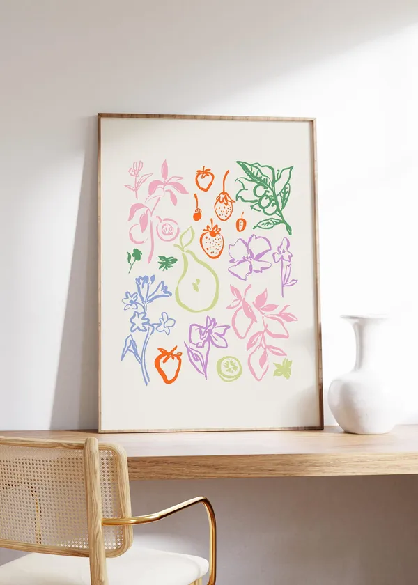 Retro Kitchen Flowers and Fruit Art Print