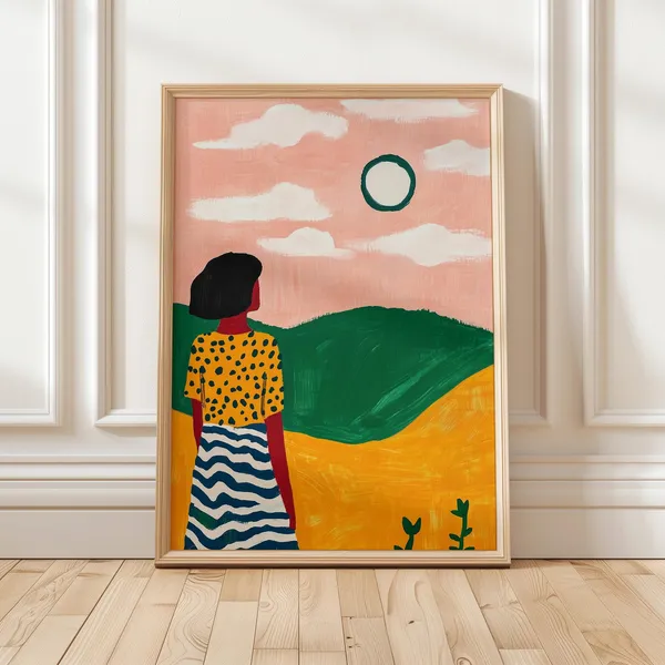 Colorful Sunset Landscape Art Print, Modern Abstract Woman