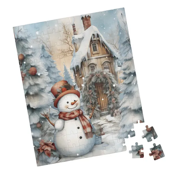 Country Snowman Watercolor Poster, Snowy Woods