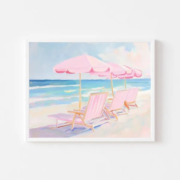 Pastel Beach Chairs And Umbrellas, Coastal Art Print
