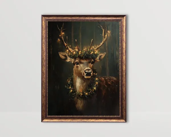Reindeer Vintage Christmas Poster, Dark Academia