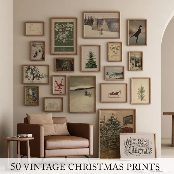 Vintage Christmas Print Set, Holiday Decor Prints