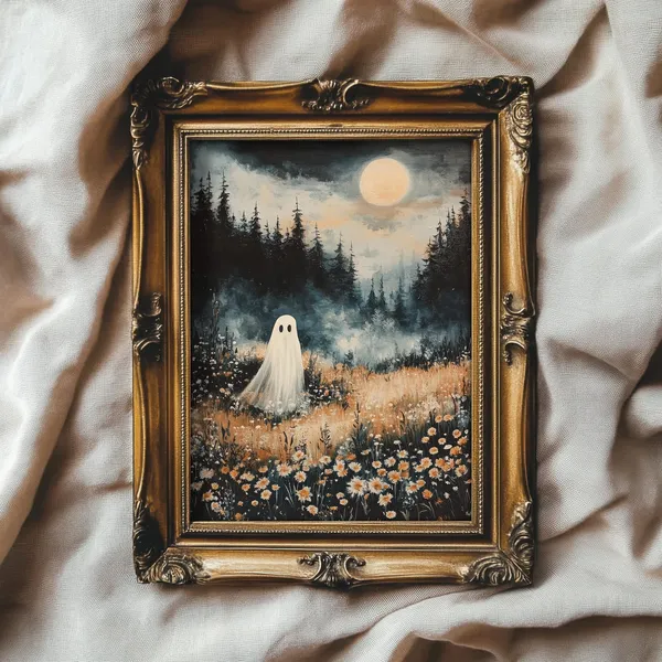 Whimsical Ghost on Flower Meadow, Halloween Art Print