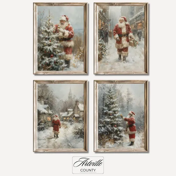 Vintage Santa Christmas Tree Wall Art Set