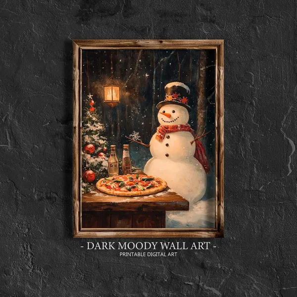 Snowman With Pizza Print, Vintage Christmas Art
