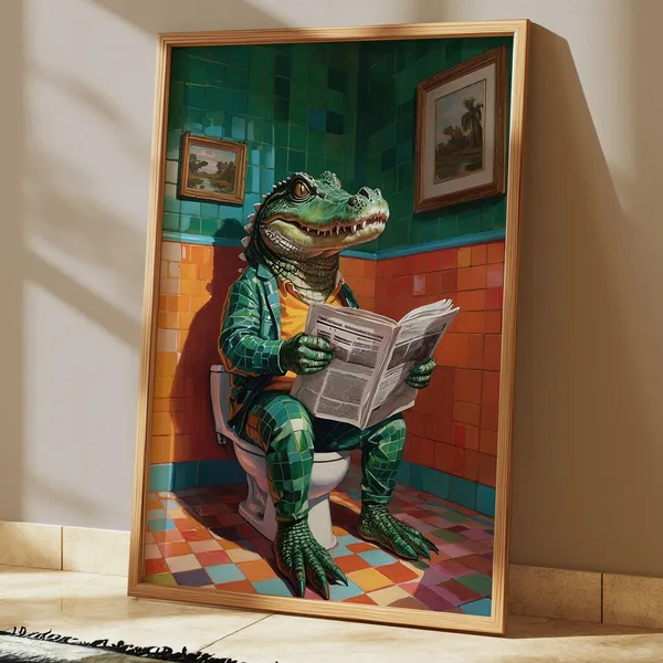 Funny Alligator On Toilet, Bathroom Wall Art Print