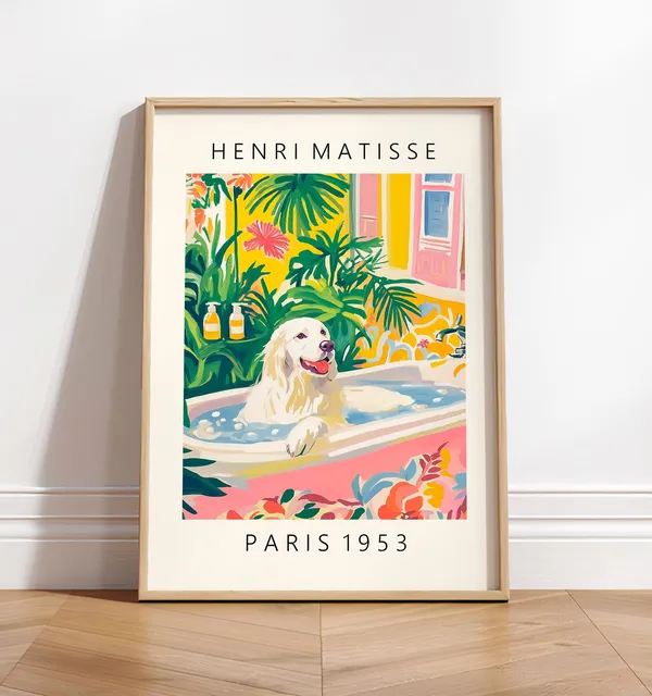 Great Pyrenees in Bathtub, Matisse-Inspired Poster