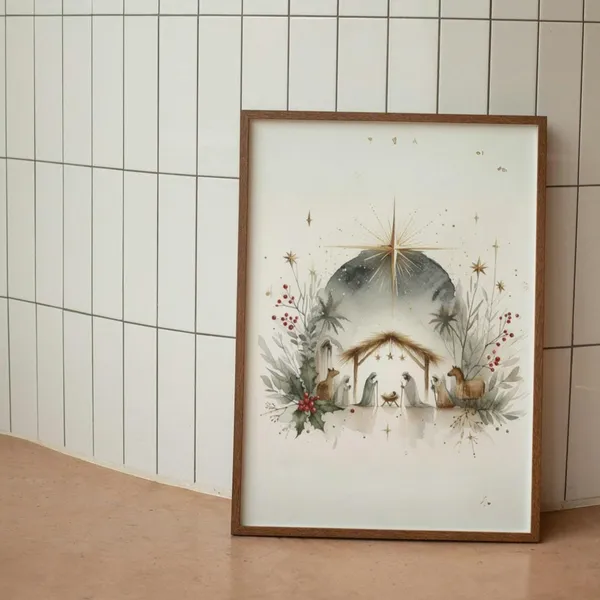 Christmas Nativity Watercolor Art Print, Christian Faith