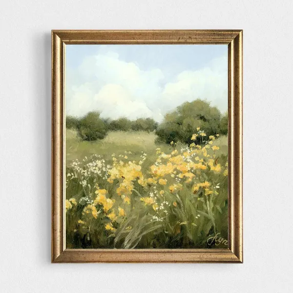 Flower Meadow Vintage Countryside Landscape Art Print