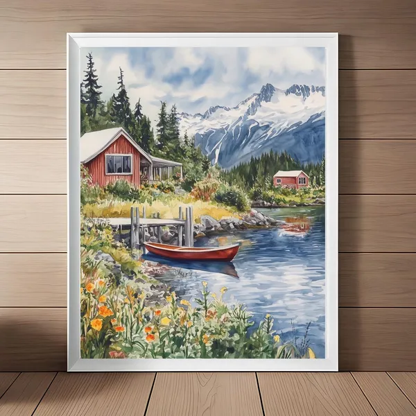 Alaska Watercolor Travel Poster, Mountains and Glaciers
