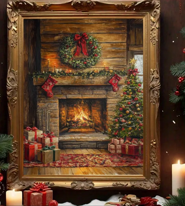 Christmas Fireplace Mantel Art Print, Holiday Decor