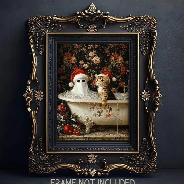 Ghost and Cat Christmas Bath Art Print, Whimsigoth