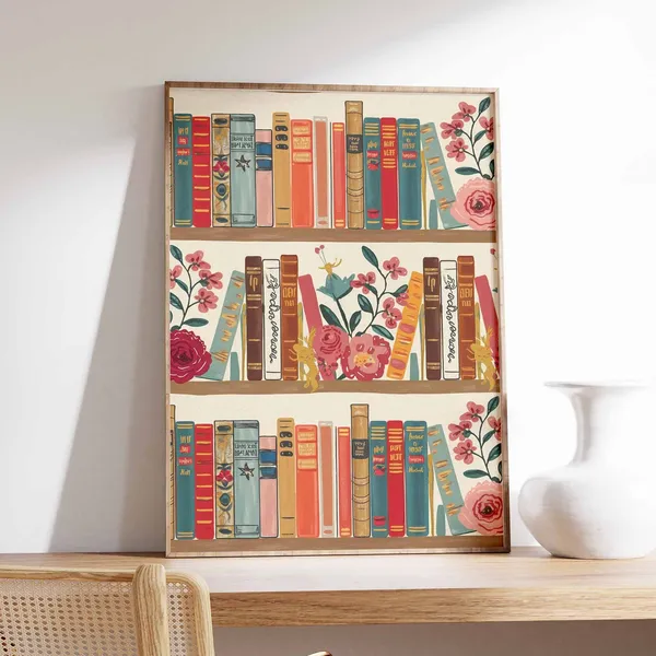 Vintage Library Reading Poster, Antique Book Art