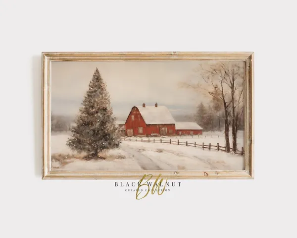 Winter Rustic Country Landscape, Red Barn Art Print