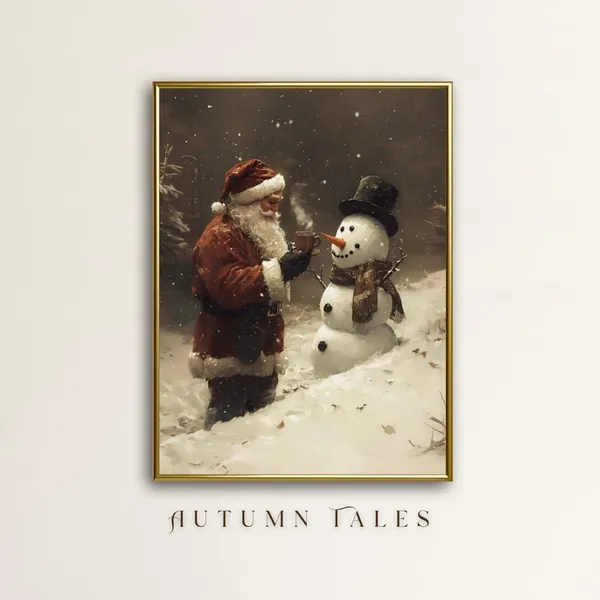 Cozy Christmas Santa and Snowman Vintage Holiday Art Print