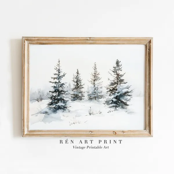 Snowy Pine Tree Vintage Winter Forest Art Print