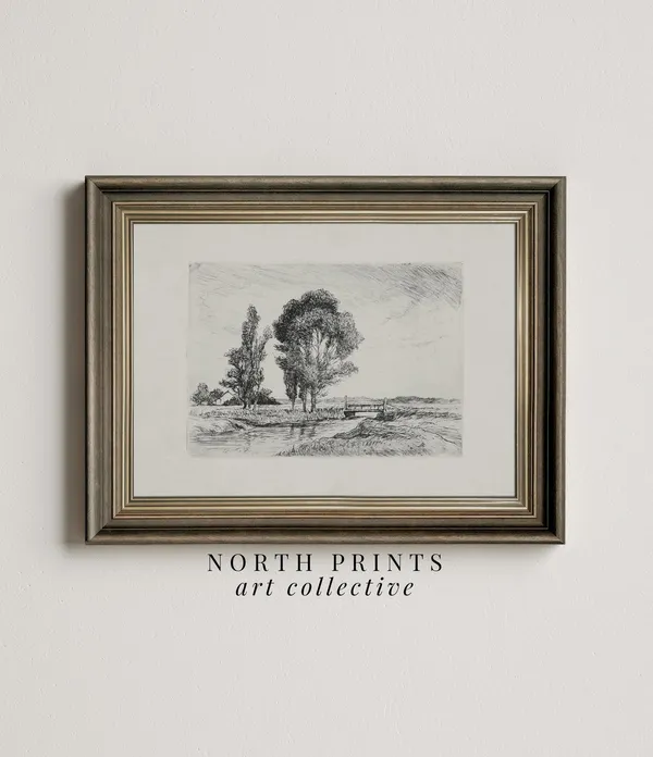 Antique Neutral Country Landscape Sketch Art Print