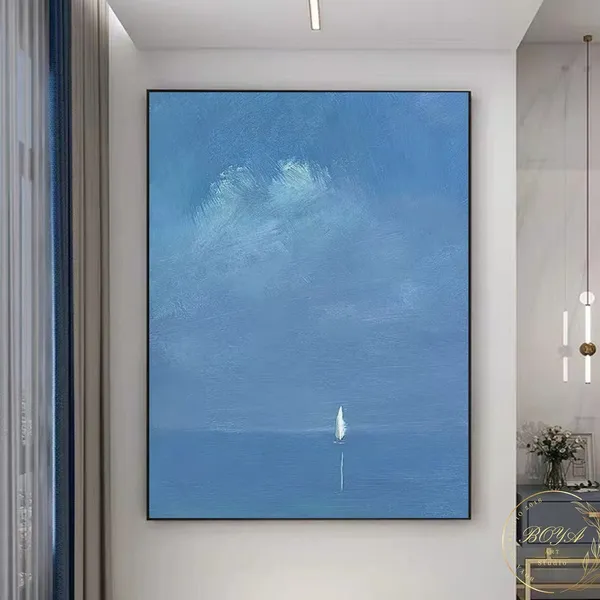 Minimalist Blue Seascape Sailboat Coastline Art Print