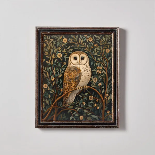 Fall Decor Owl Oil Painting, Moody Bird Art Print
