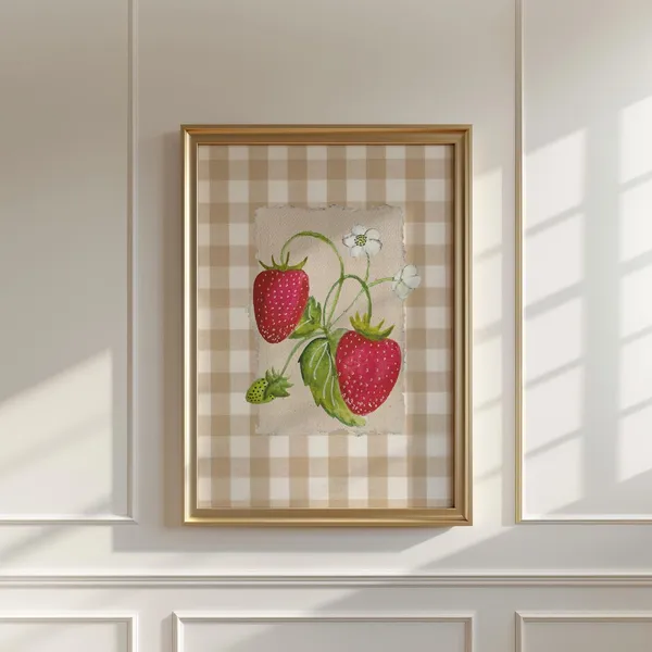 Mocha Gingham Sweet Strawberries Art Print