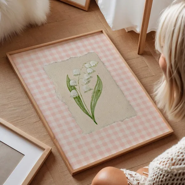 Pink Gingham Lily of the Valley Art Print