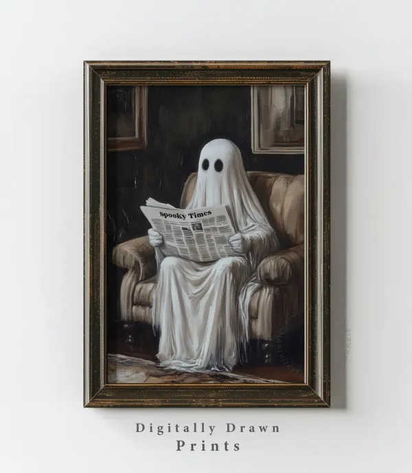 Spooky Ghost Reading Newspaper Vintage Halloween Art Print