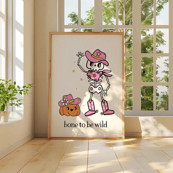 Halloween Cowgirl Retro Skeleton Art Print, Pastel Decor
