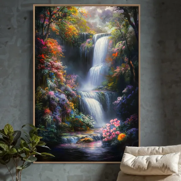 Waterfall and Wildflowers, Cottagecore Wall Art Print