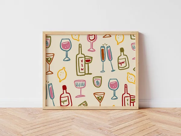 Drink Glasses Retro Wine Kitchen Art Print