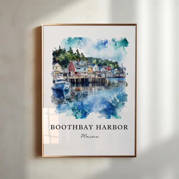 Boothbay Harbor Me Watercolor Travel Poster, Maine