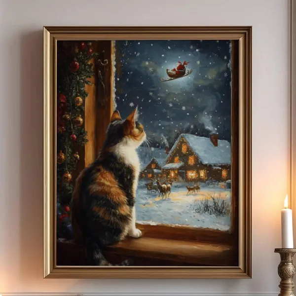 Calico Cat Christmas, Festive Holiday Art Print