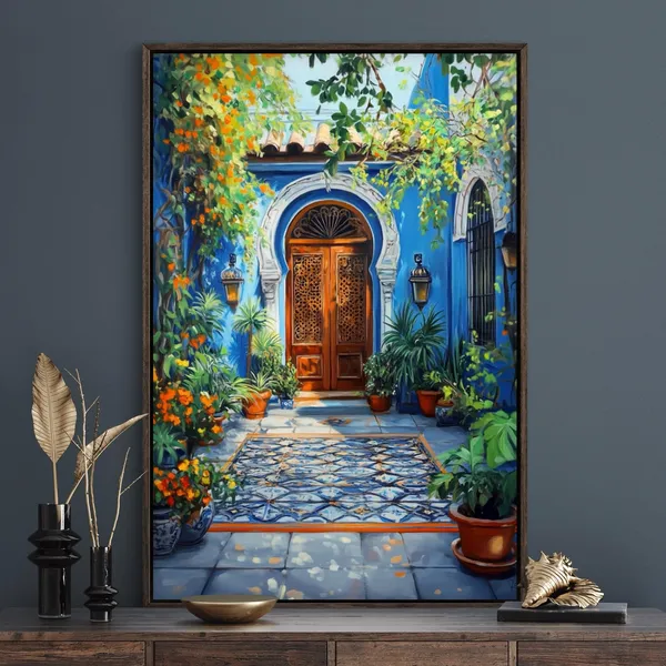Indian Courtyard Blue Door, Rajasthani Art Print