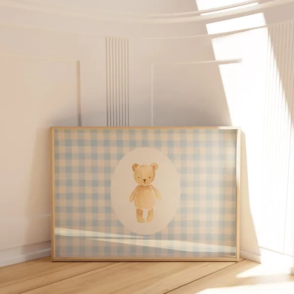 Blue Gingham Teddy Bear Art Print, Cottage Core Decor