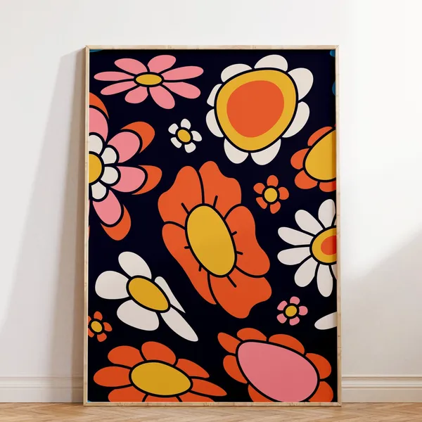 Retro Flower Poster, Groovy Floral Wall Decor