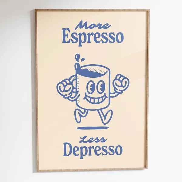 More Espresso Less Depresso Retro Coffee Quote Art Print