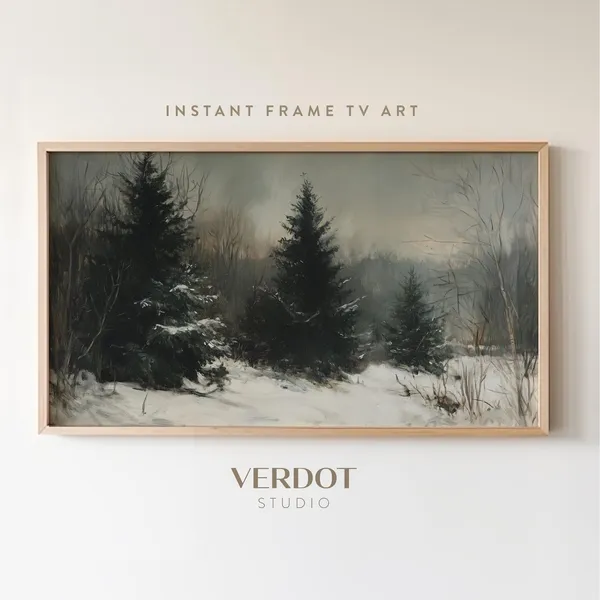 Vintage Winter Landscape Art Print, Moody Holiday Decor