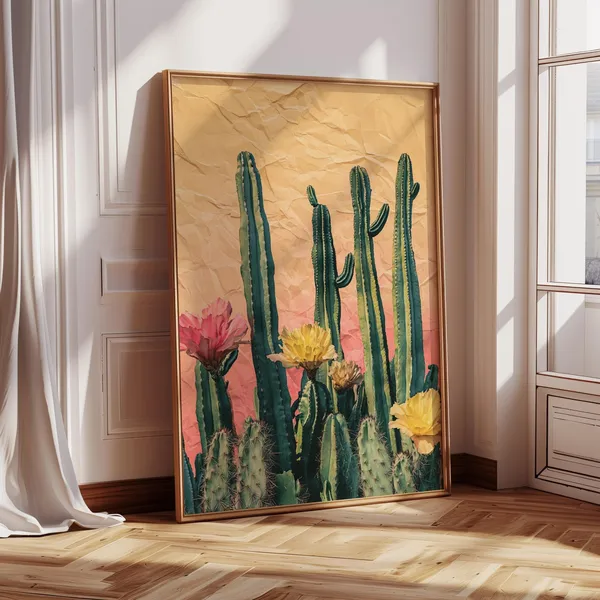 Boho Cactus Art Print, Colorful Desert Landscape