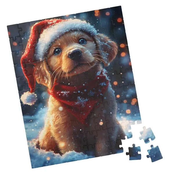 Golden Christmas Puppy in Santa Hat Art Print