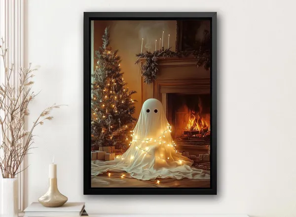 Cozy Christmas Ghost Painting, Holiday Poster Print