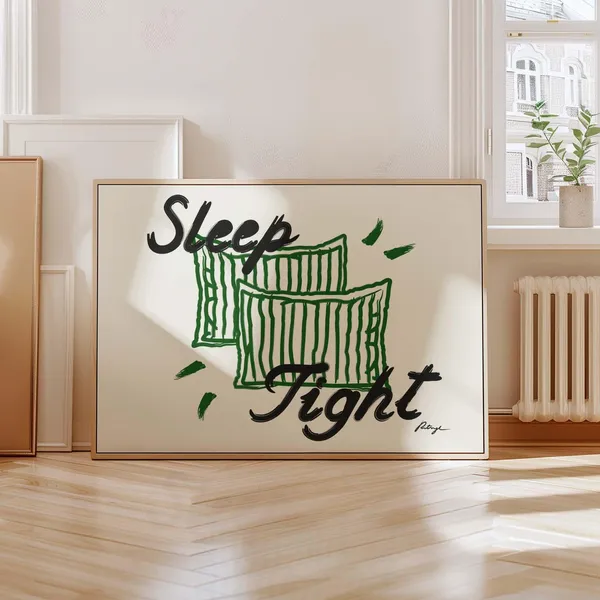 Sleep Tight Print, Green Pillows Bedroom Wall Art