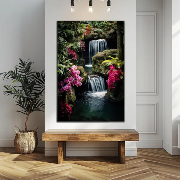 Waterfall and Pink Orchid Forest Wall Art Print