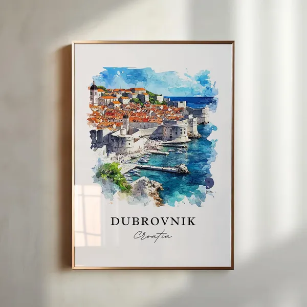 Dubrovnik Croatia Watercolor Travel Poster, Housewarming