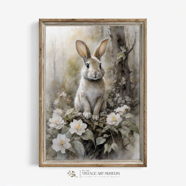 Cute Spring Bunny Watercolor Painting, Vintage Art Print