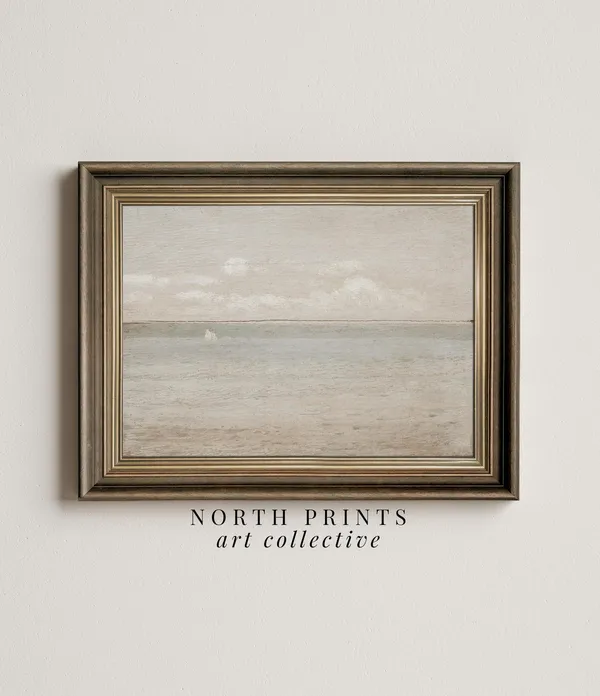 Vintage Coastal Wall Art, Muted Seascape Painting