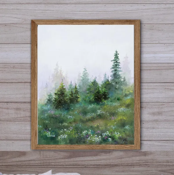 Foggy Forest Misty Mountain Art Print, Neutral Tones