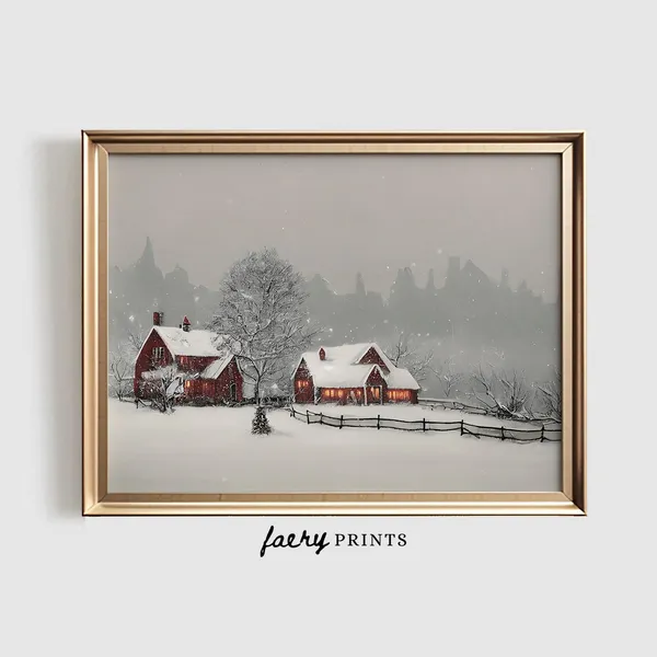Winter Farmhouse Painting Art Print, Vintage Red Barn