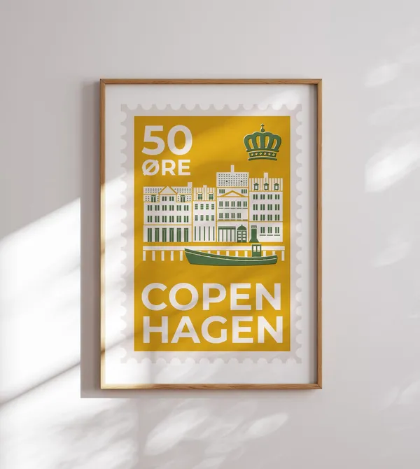 Copenhagen City Skyline Travel Poster, Mid-Century