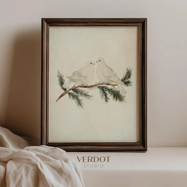 Vintage Christmas Winter Doves Art Print, Neutral Birds