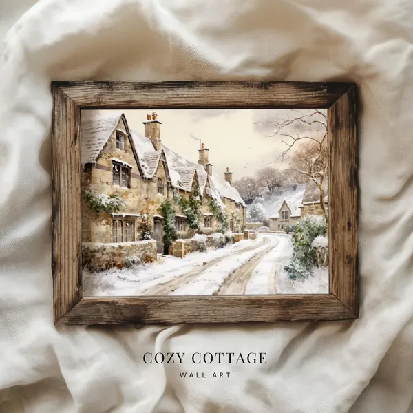 English Cottages In The Snow, Vintage Painting Art Print