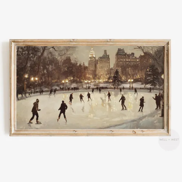Central Park Ice Skating Art Print, Rustic Winter Landscape